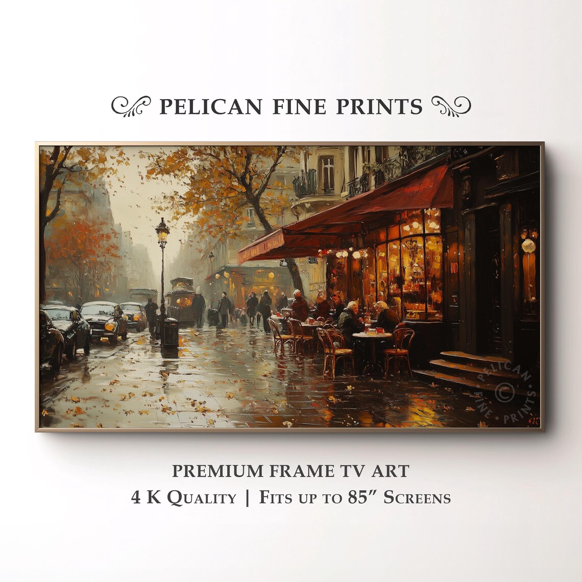 Parisian Cafe Rainy Autumn Street Warm Lights Cityscape Art Poster
