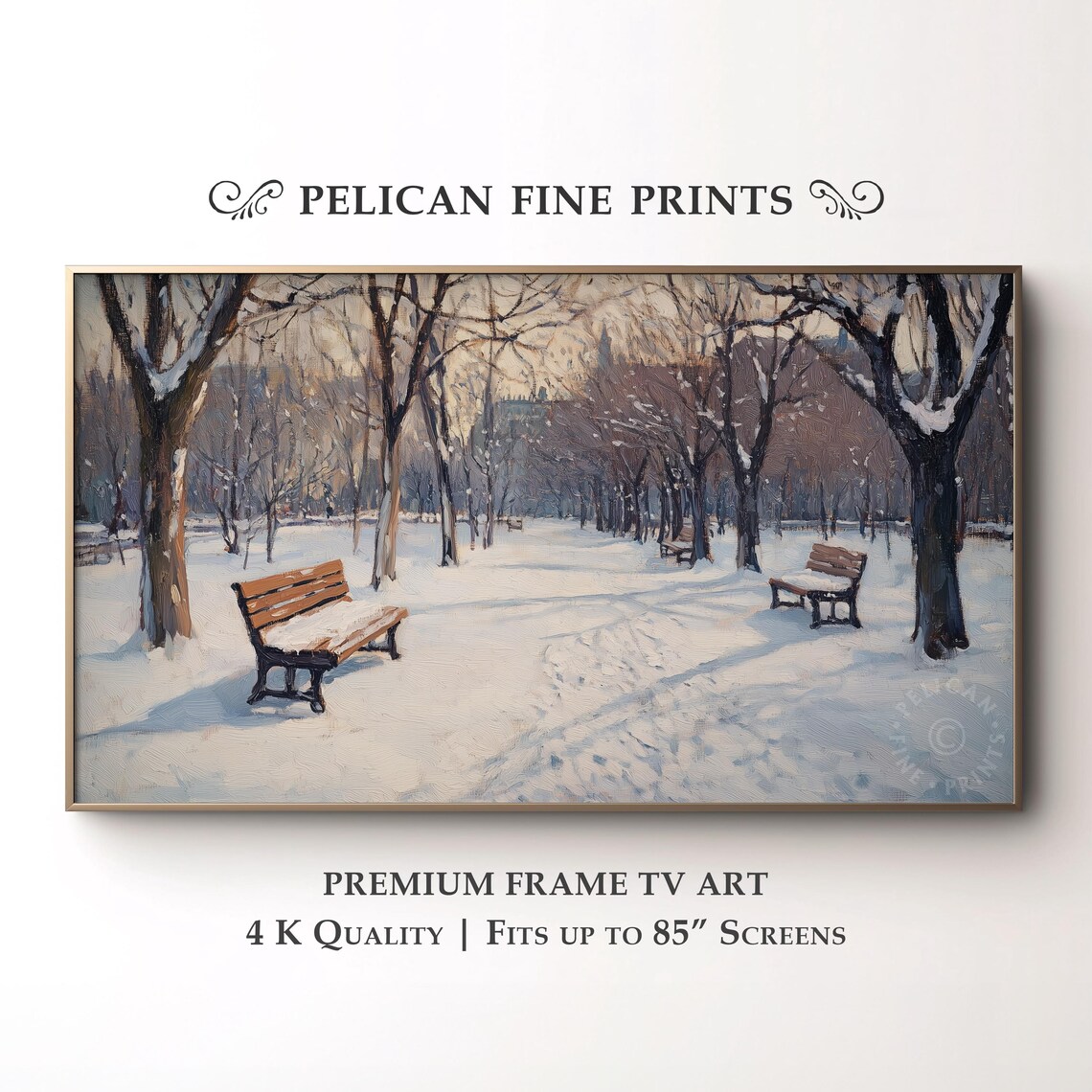 Peaceful Snowy Winter Park Benches Bare Trees Cozy Seasonal Wall Art