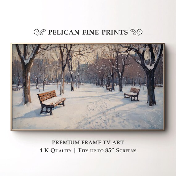 Peaceful Snowy Winter Park Benches Bare Trees Cozy Seasonal Wall Art