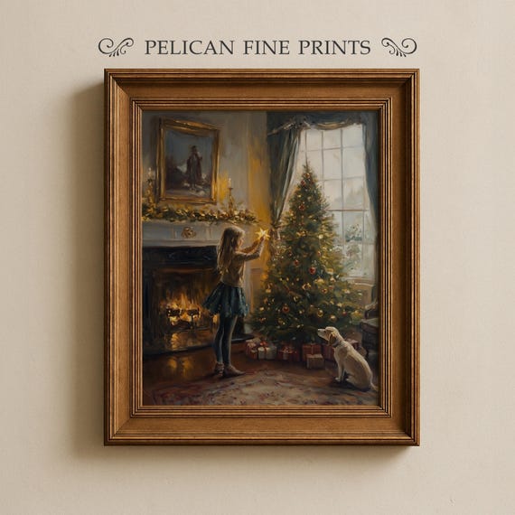 Cozy Christmas Tree Scene Girl Decorating Holiday Room Wall Art V96