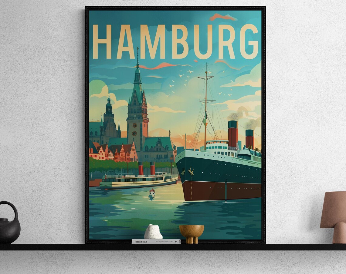 Hamburg Harbor Grand Ocean Liner Vintage Ships Travel Poster