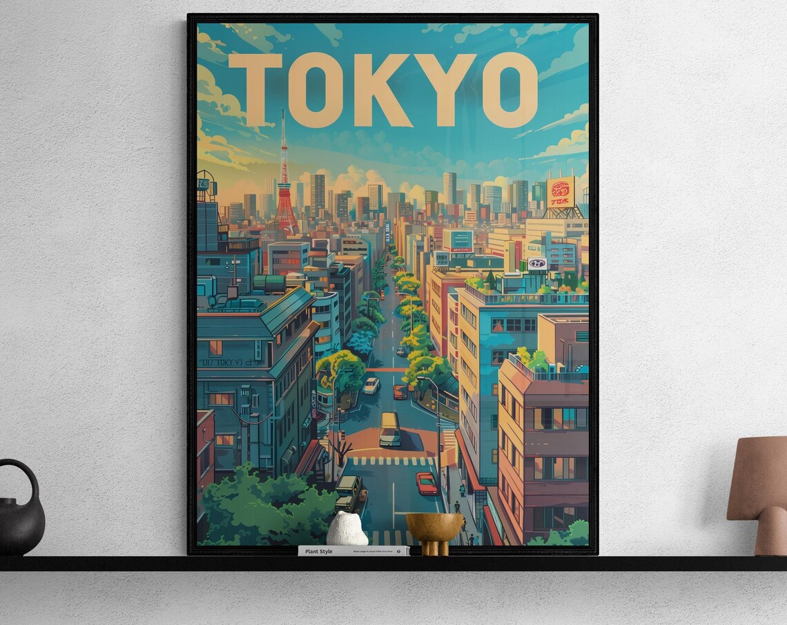 Tokyo Tower Daytime Cityscape Vintage Japanese Travel Poster