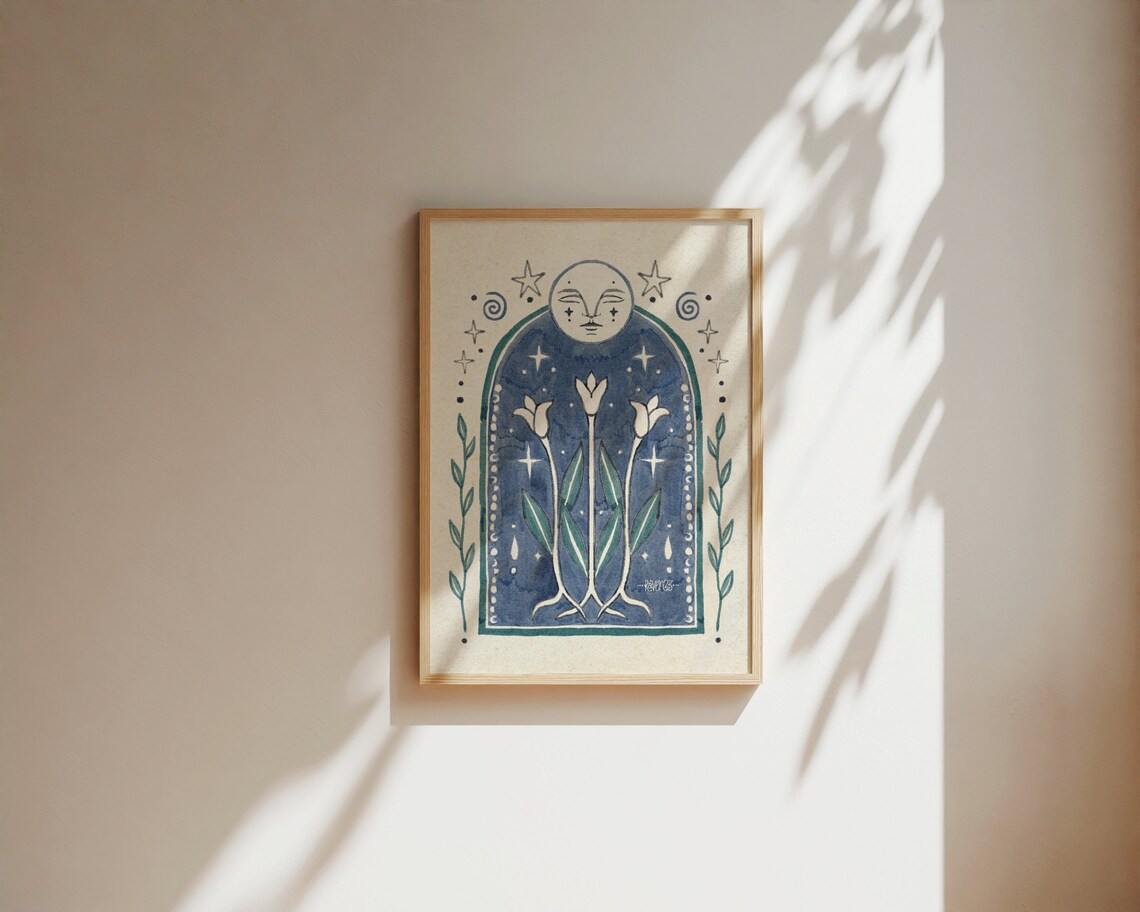 Moon Phase Boho Art Print, Spiritual Folk Floral - Image 2