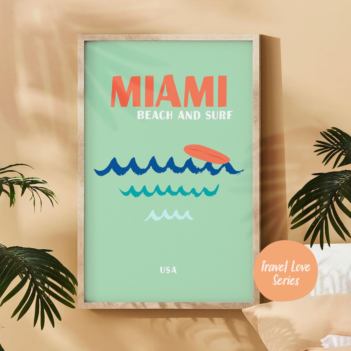 Miami Beach and Surf USA Green Waves Surfboard Retro Beach Art Poster - Image 4