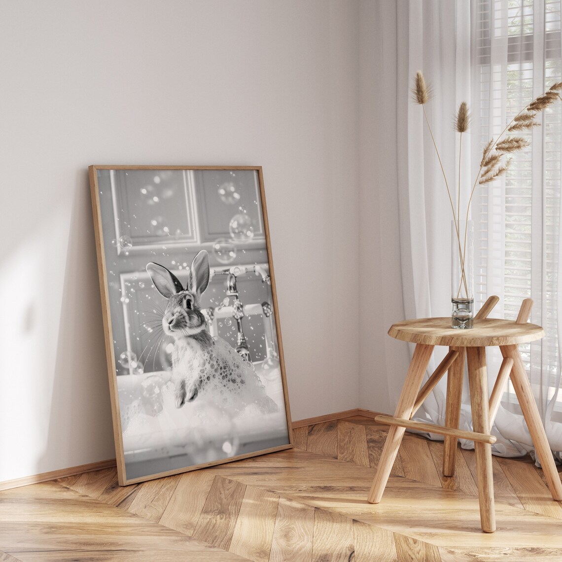 Black and White Rabbit Bubble Bath Monochrome Bunny Bathroom Art Poster - Image 3