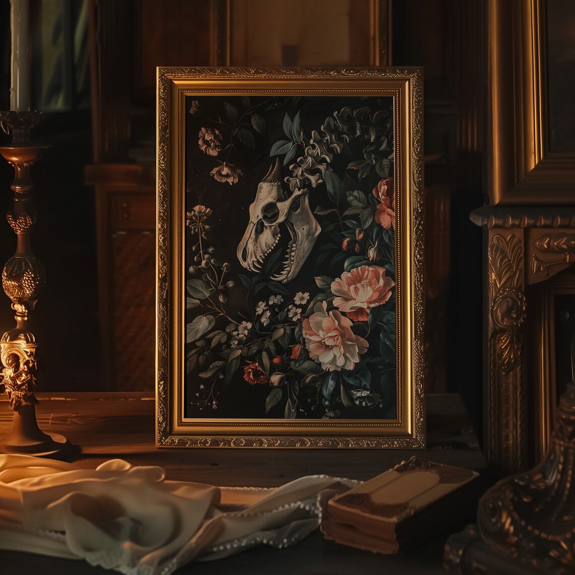 Gothic Dragon Skeleton Floral Art Print, Cottagecore - Image 4
