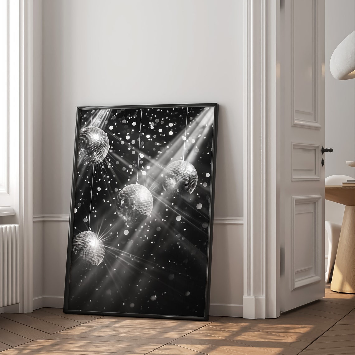 Silver Disco Ball Minimalist White Retro Sparkle Party Decor Poster - Image 2