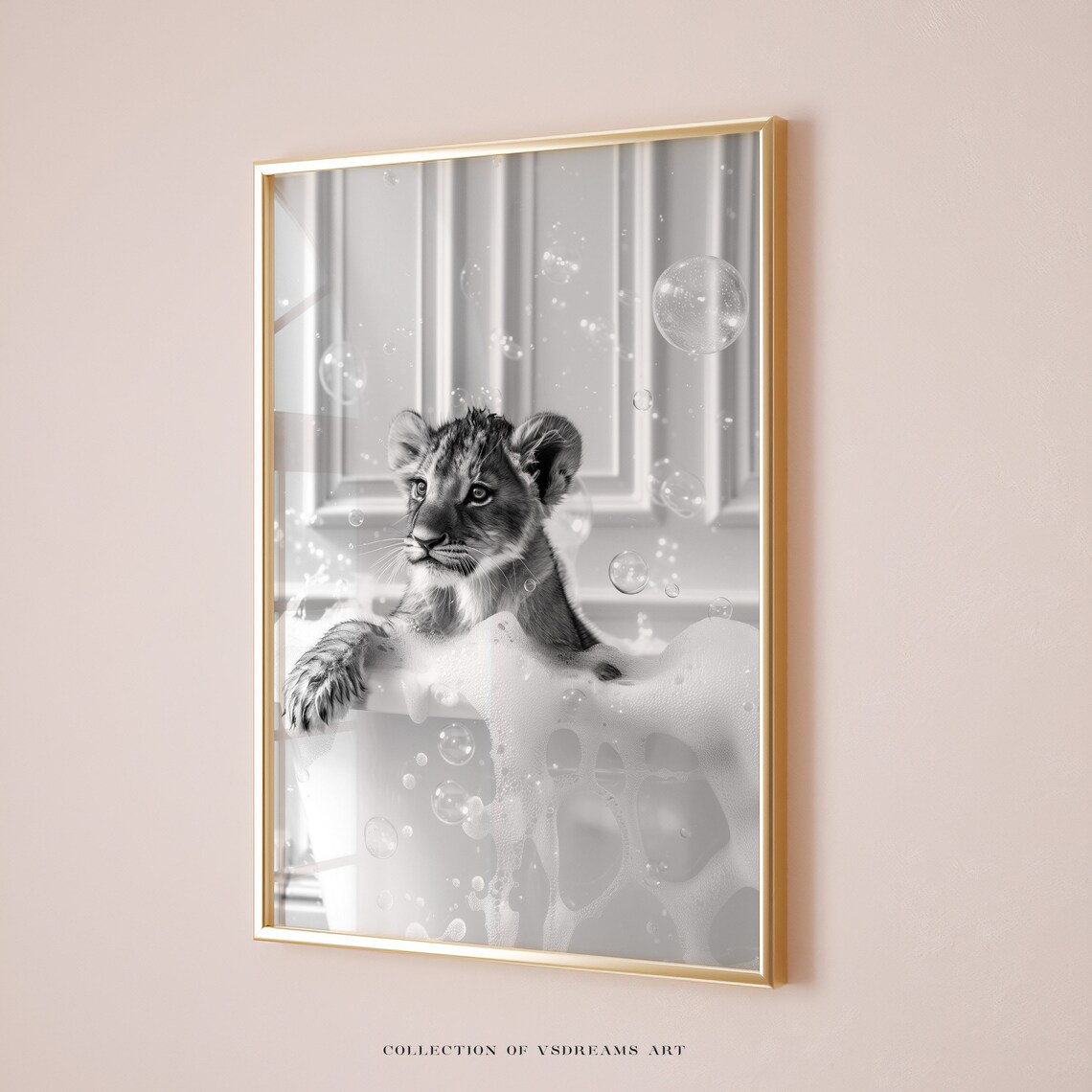 Baby Lion Cub Bubble Bath Tub Black and White Animal Nursery Art Poster