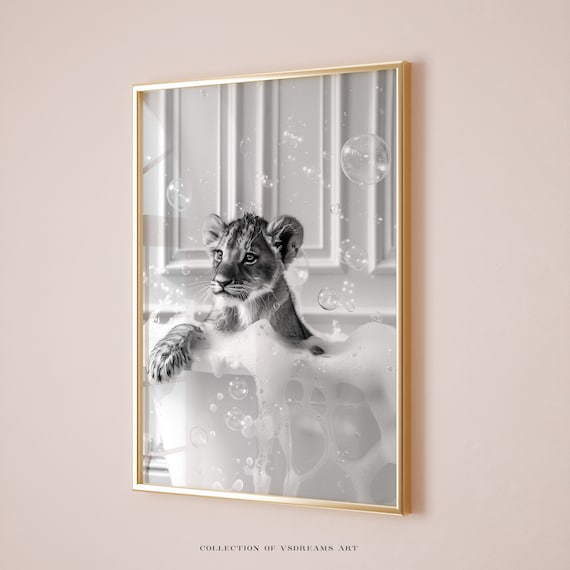 Baby Lion Cub Bubble Bath Tub Black and White Animal Nursery Art Poster