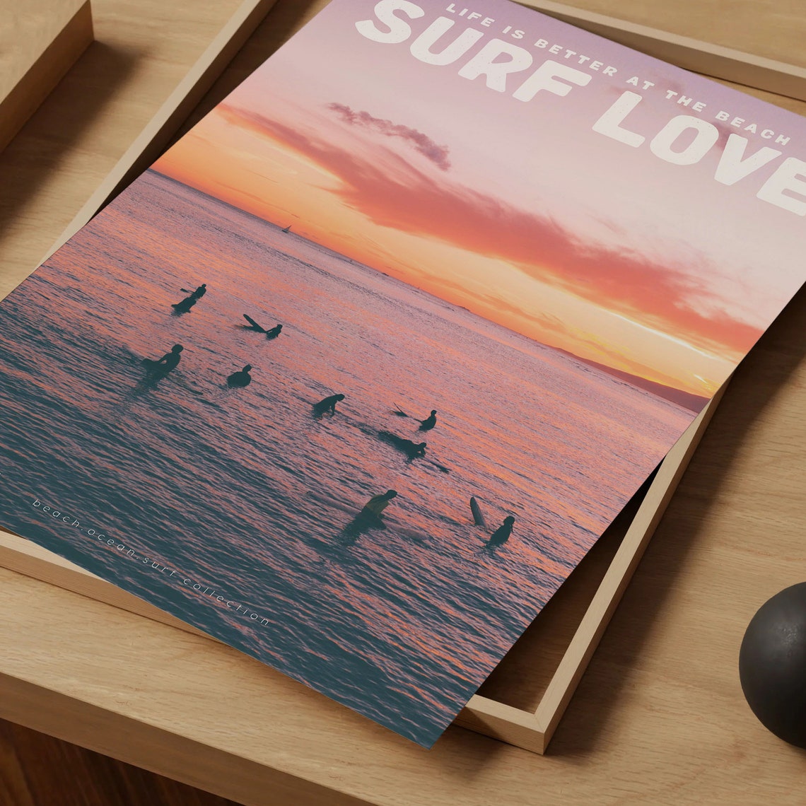 Surf Love Orange Sunset Silhouette Surfers In Ocean Beach Poster - Image 4