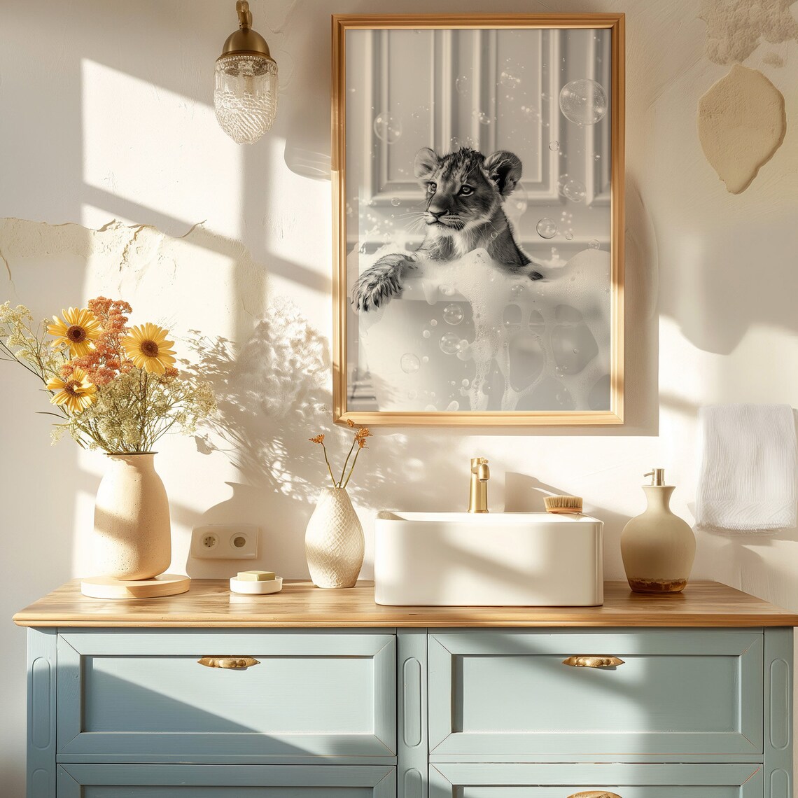 Baby Lion Cub Bubble Bath Tub Black and White Animal Nursery Art Poster - Image 4