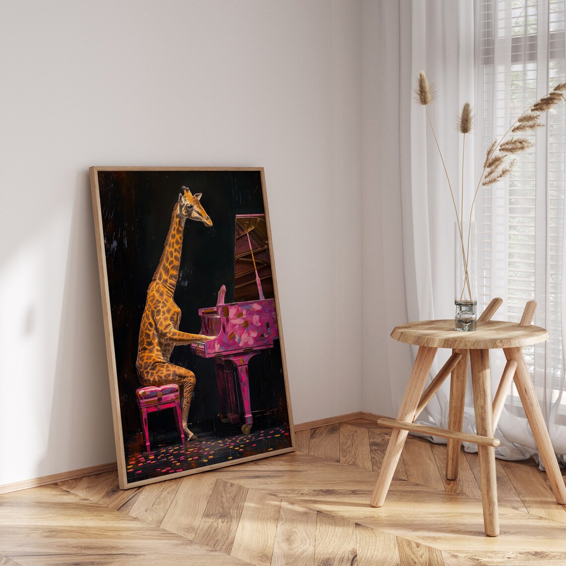 Giraffe Playing Pink Grand Piano Neon Splash Whimsical Music Art Poster - Image 3