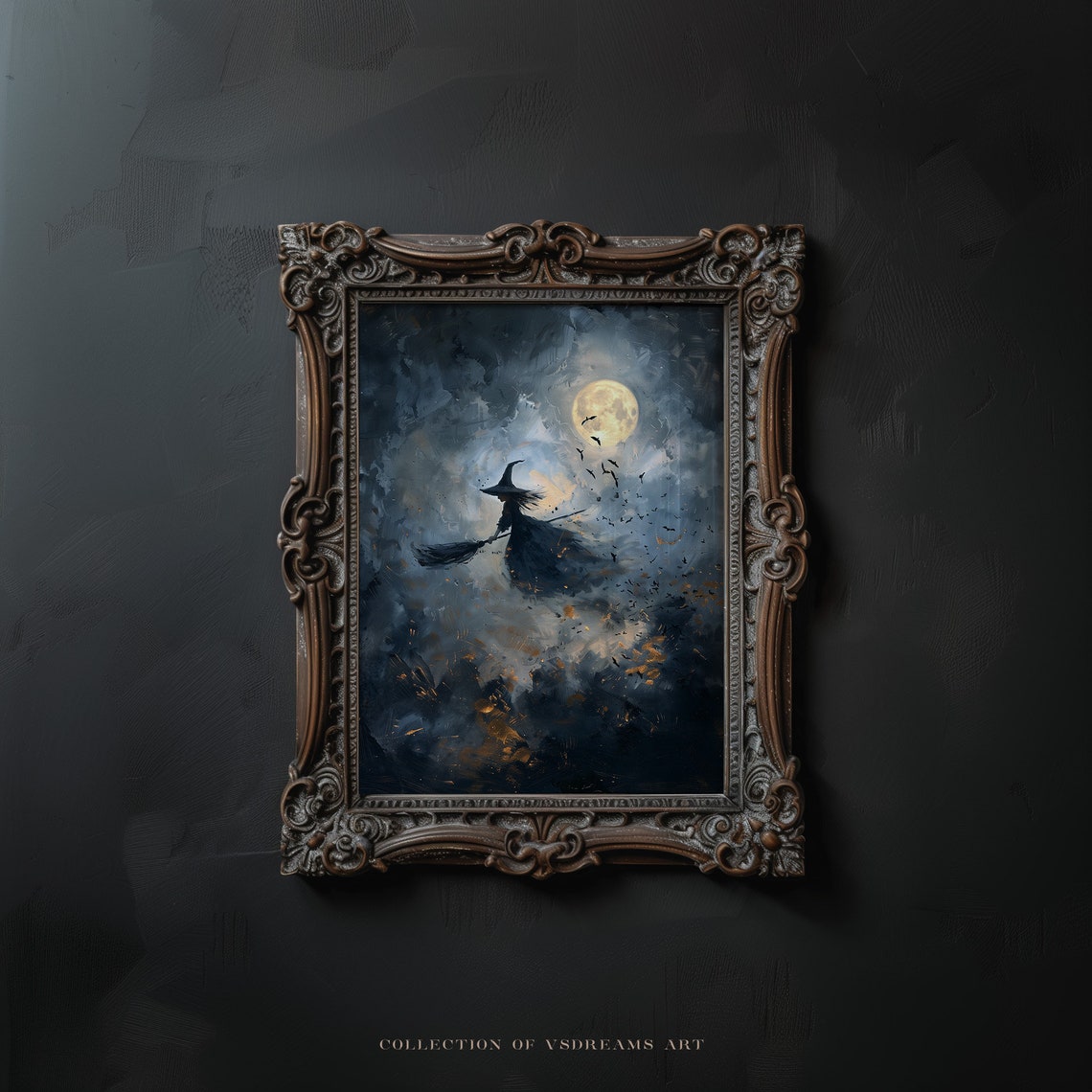 Witch Riding Broom Golden Moon Dark Cloudy Night Flight Poster - Image 2