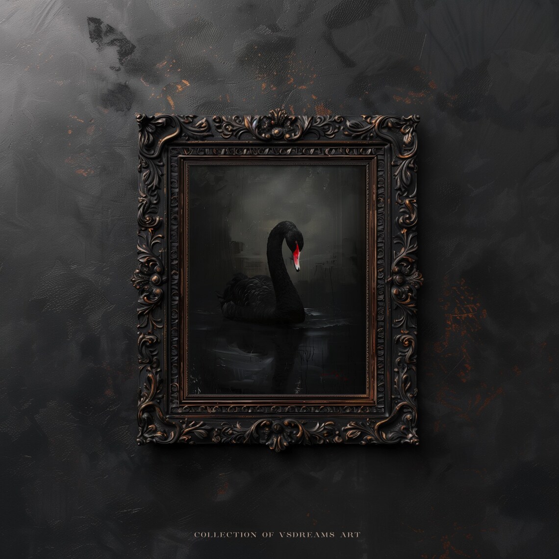 Black Swan Red Beak Dark Water Moody Victorian Gothic Painting Poster - Image 5