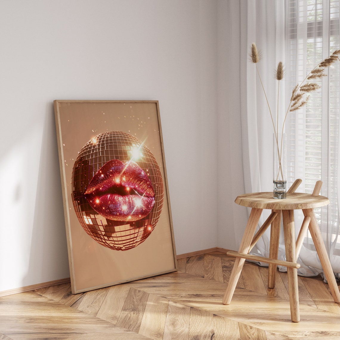 Disco Ball Glitter Red Lips Glam Mirrorball Sparkle Art Poster - Image 3