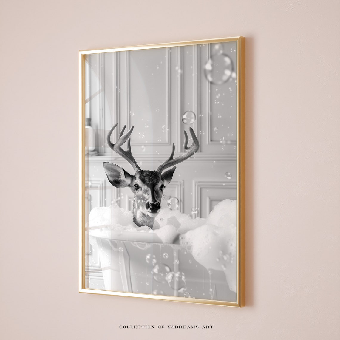 Black and White Deer Buck Bubble Bath Monochrome Bathroom Art Poster