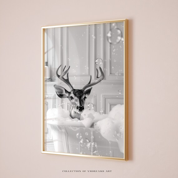 Black and White Deer Buck Bubble Bath Monochrome Bathroom Art Poster