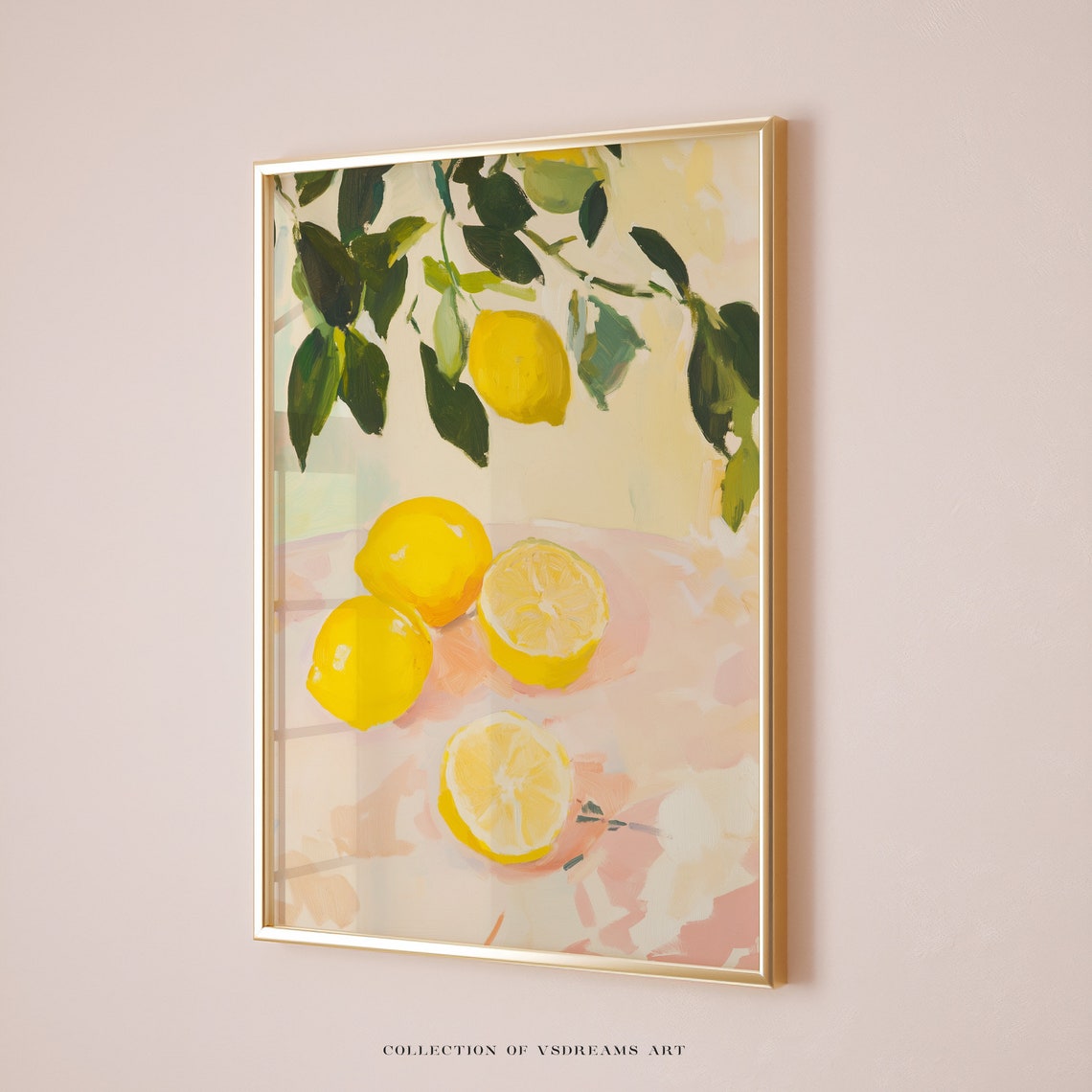 Fresh Lemons Hanging Branch and Sliced Pastel Still Life Poster