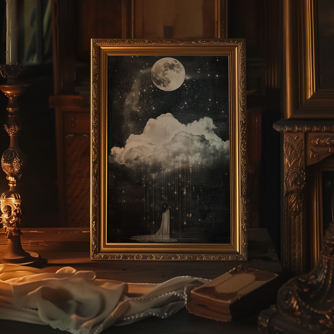 Woman Gazing At Moonlit Cloudy Sky Golden Light Celestial Painting Poster - Image 3