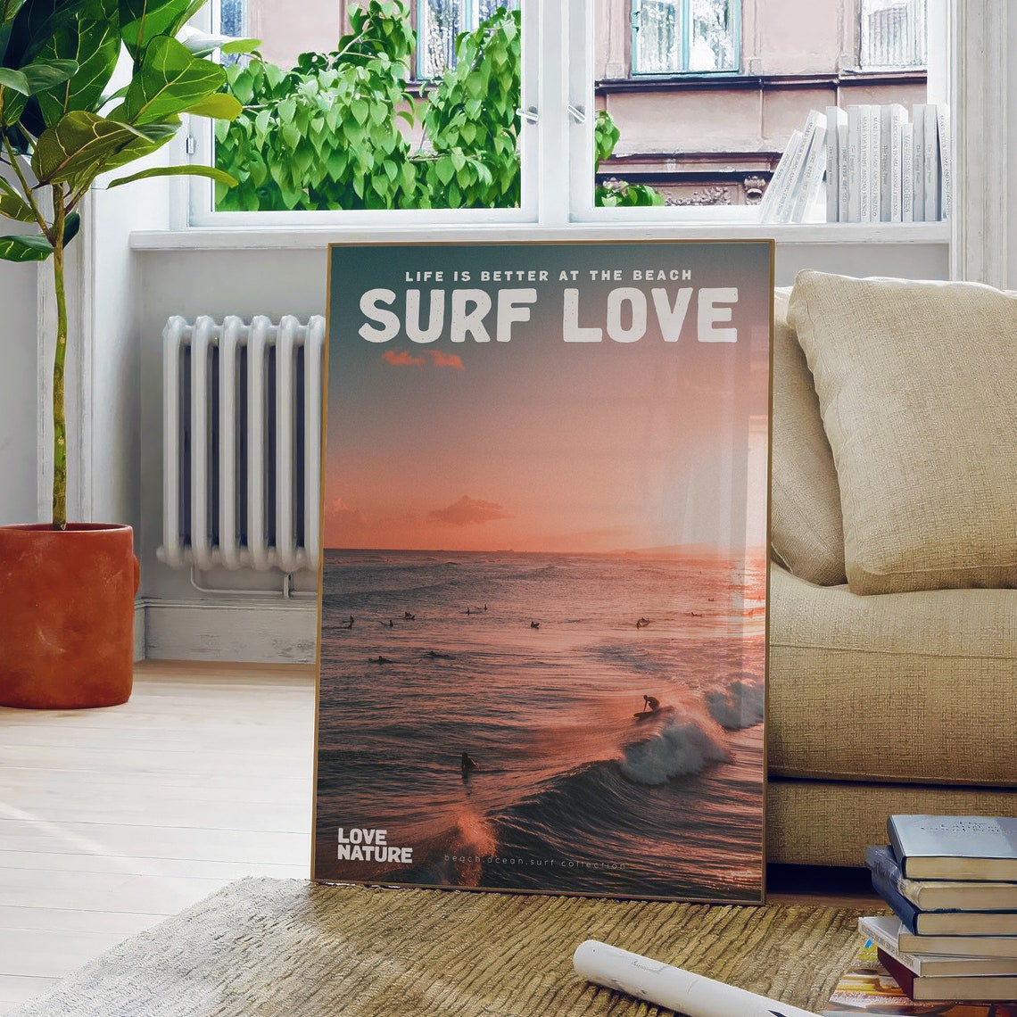 Surf Love Orange Sunset Crowded Surf Lineup Ocean Beach Poster - Image 5