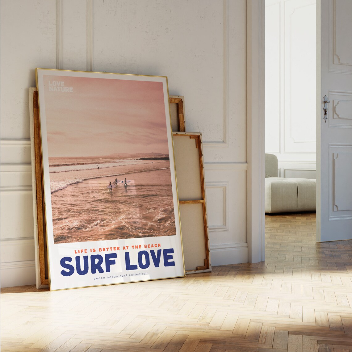 Surf Love Pink Sunset Beach Surfers Wading Into Ocean Photo Poster - Image 5