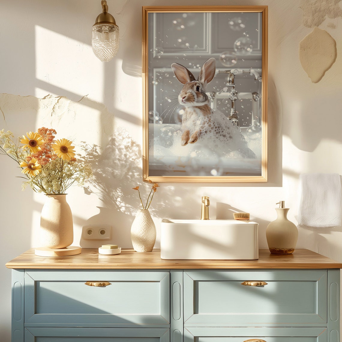 Cute Rabbit Bubble Bath Gold Frame Adorable Bunny Bathroom Art Poster - Image 3