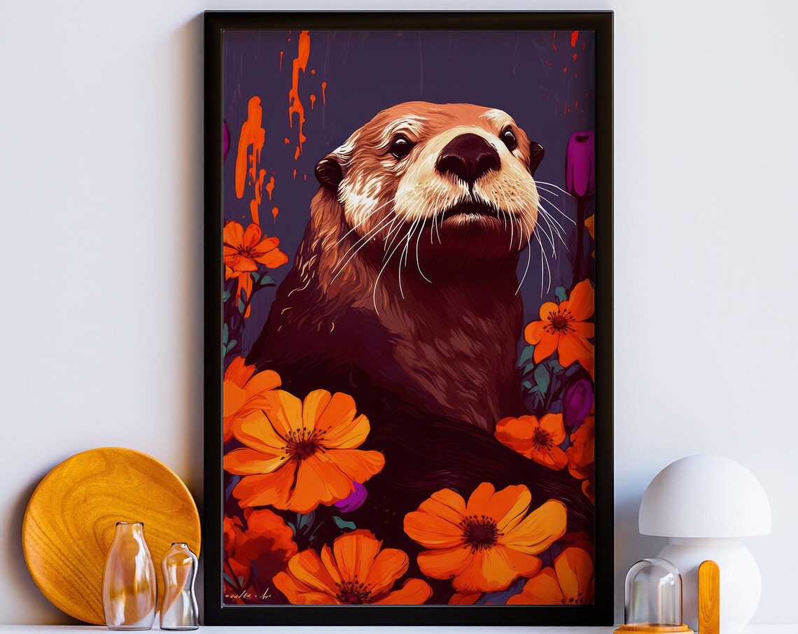 Sea Otter Portrait Among Orange Blossoms Wildlife Art Poster
