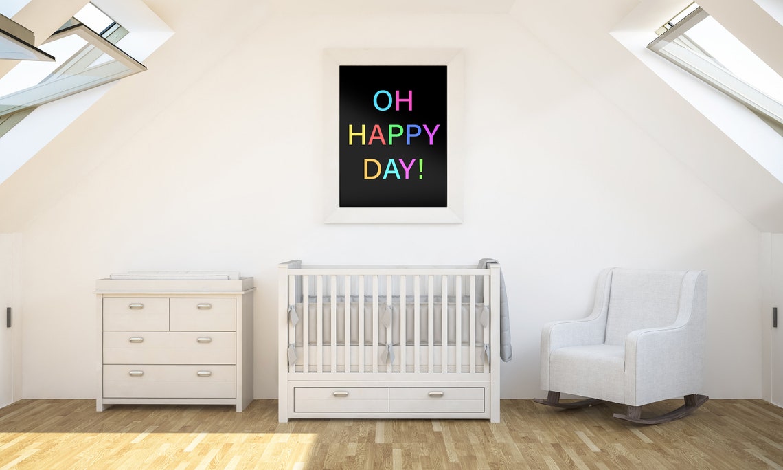 Oh Happy Day Colorful Rainbow Lettering Fun Quote Poster on Black - Image 3