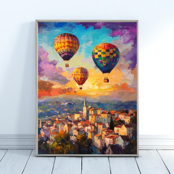 Whimsical Maximalist Wall Decor Hot Air Balloon Art Bold Colored Print For Living Room Bedroom Dopamine Decor Unique Art Print