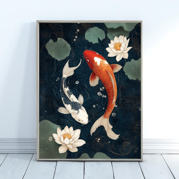 Koi Fish Pond Japanese Style Art Print Lotus Flowers Black Water Poster