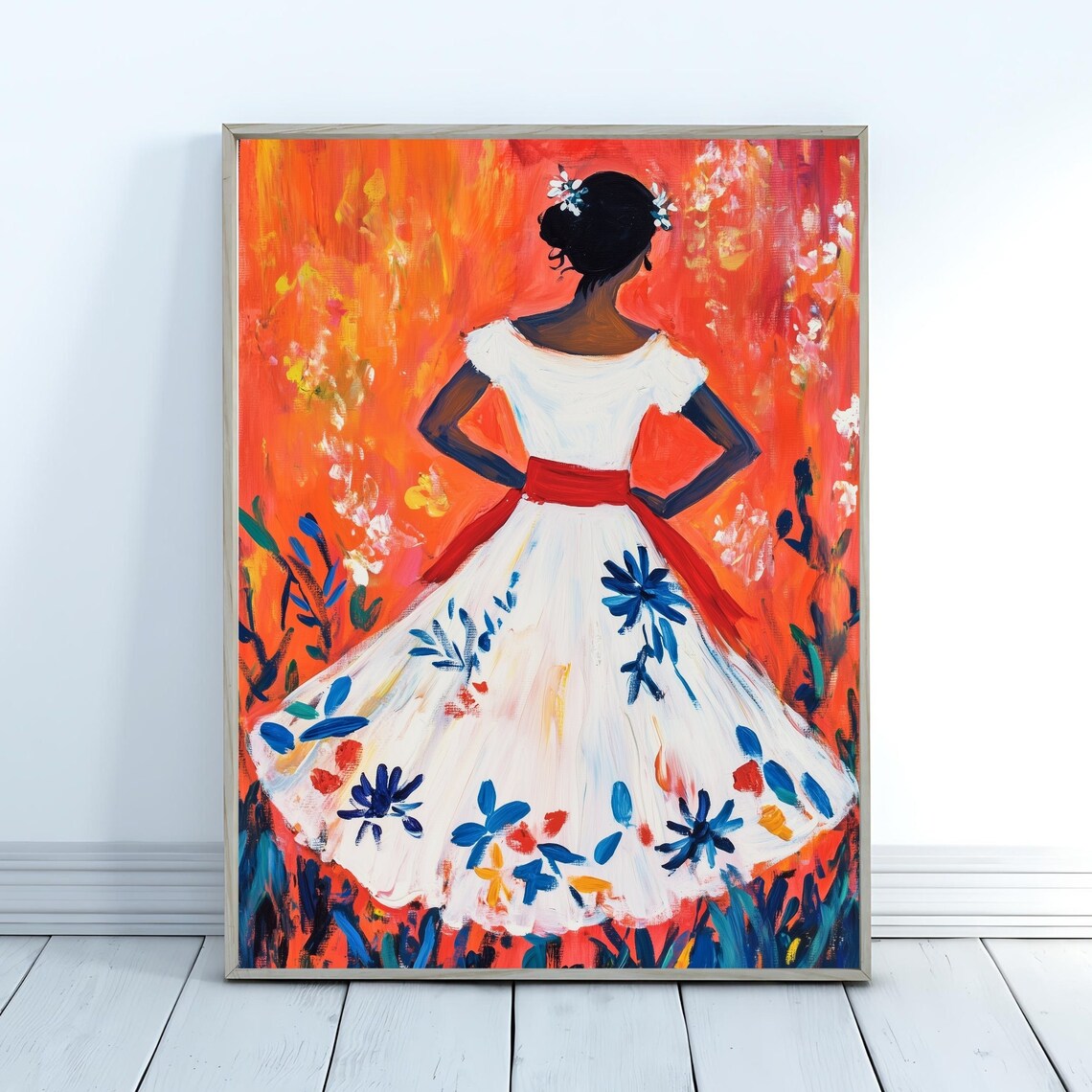 Woman In Floral White Dress Red Sash Fiery Background Modern Wall Poster