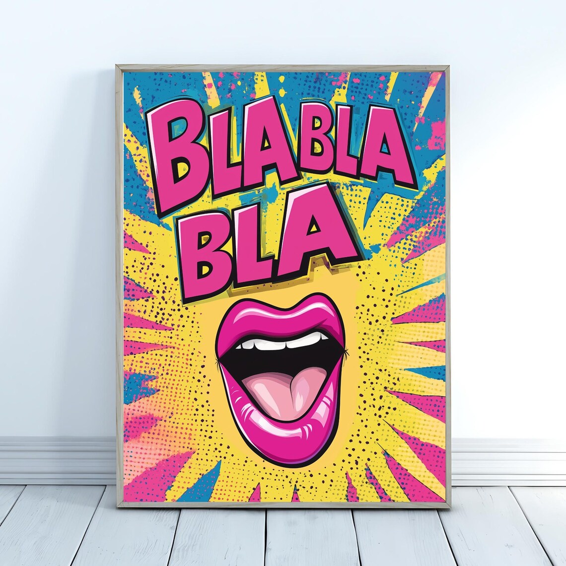 Blabla Bla Pop Art Pink Lips Comic Halftone Funny Dorm Room Wall Poster