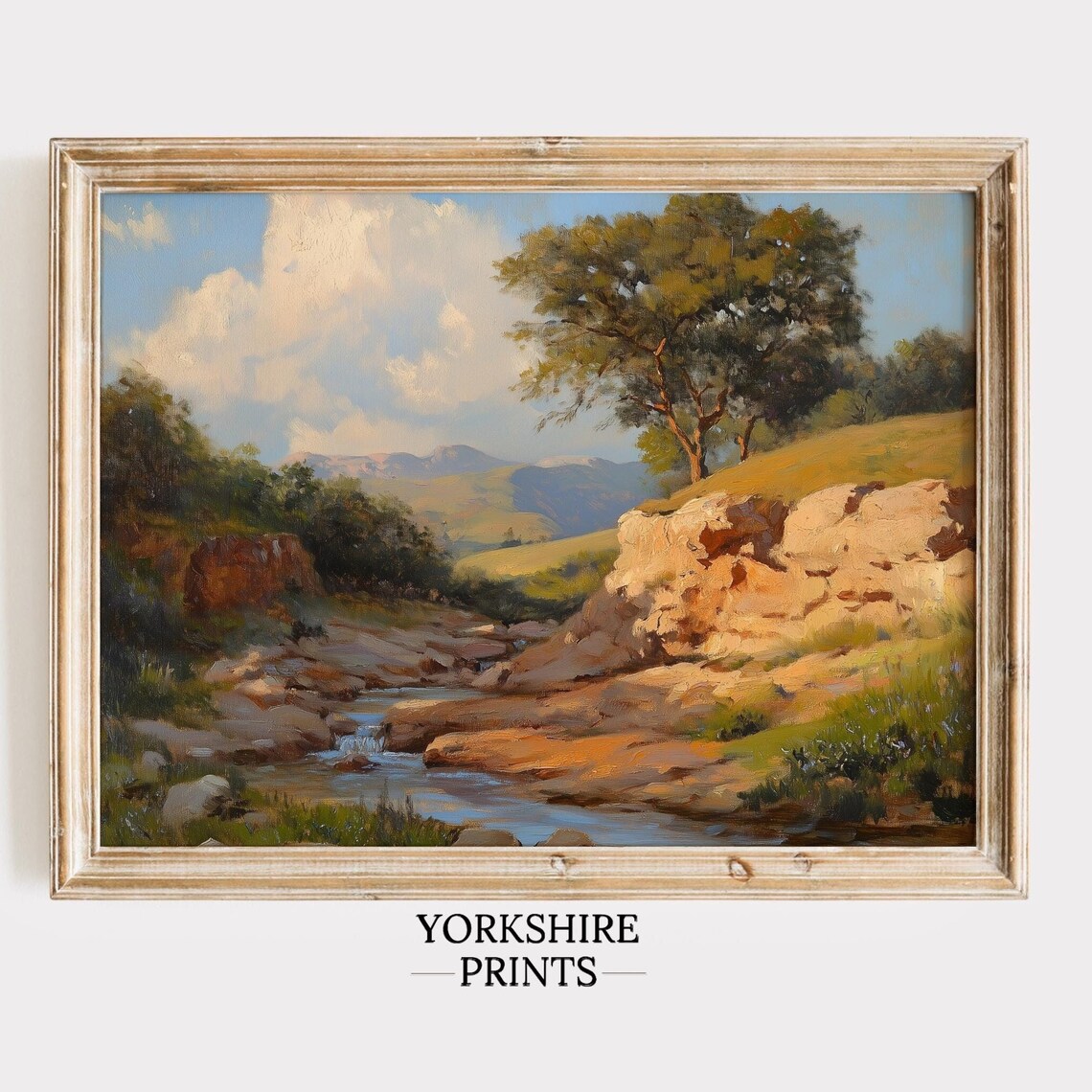 Sunlit Rocky Stream Valley Green Hills Trees Summer Landscape Poster