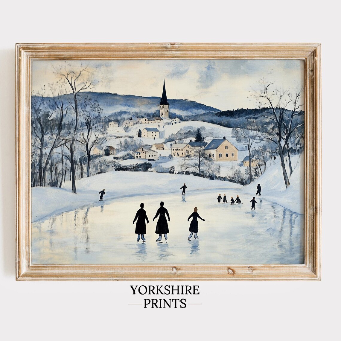 Ice Skaters On Frozen Pond In Snowy Village Winter Landscape Poster