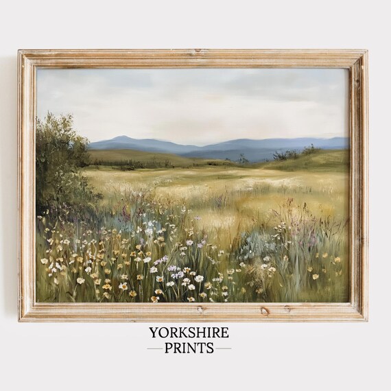 Spring Wildflower Field Landscape, Vintage Farmhouse Art Print