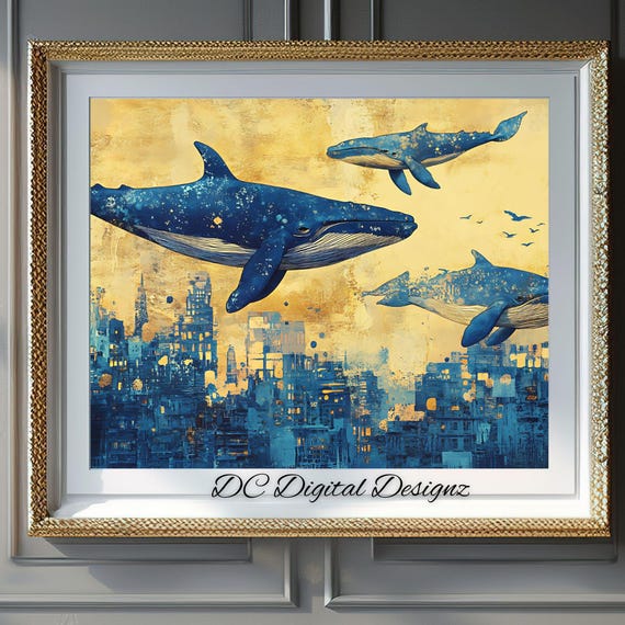 Animal Wall Art Sad Whales Over Sleeping City Wall Art Klimt Inspired Blue Yellow Elegant Stylish Artwork