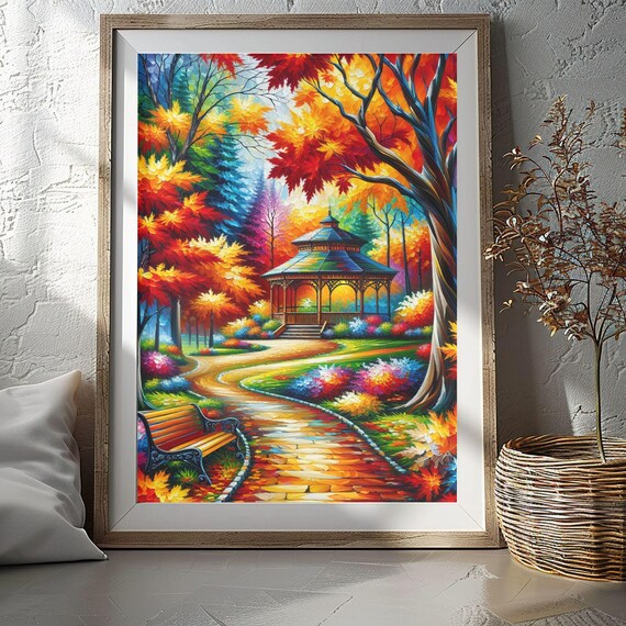 Autumn Park Gazebo Winding Path Bench Fall Colors Art Poster