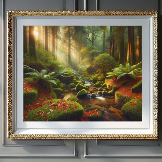 Serene Tranquil Forest Stream Mossy Rocks Sunbeam Nature Poster
