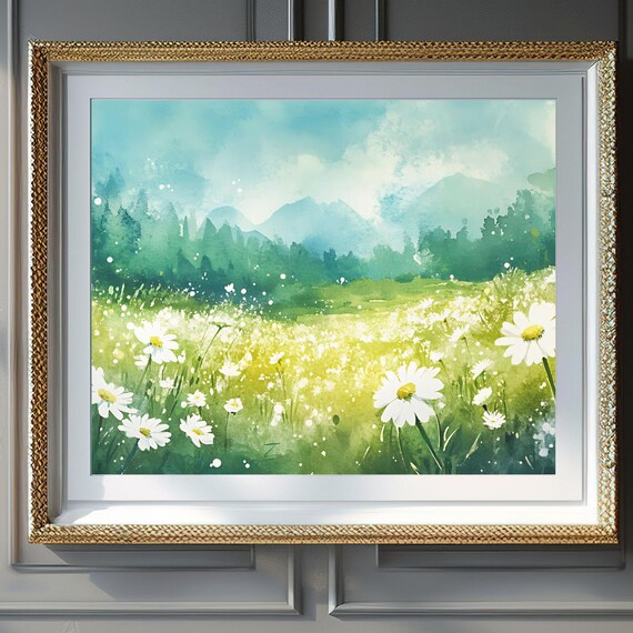 Daisy Meadow Green Hills Sunny Summer Watercolor Landscape Poster