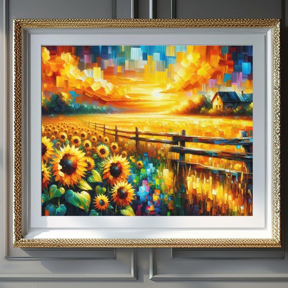Sunflower Field at Golden Sunset Farm Fence Barn View Poster