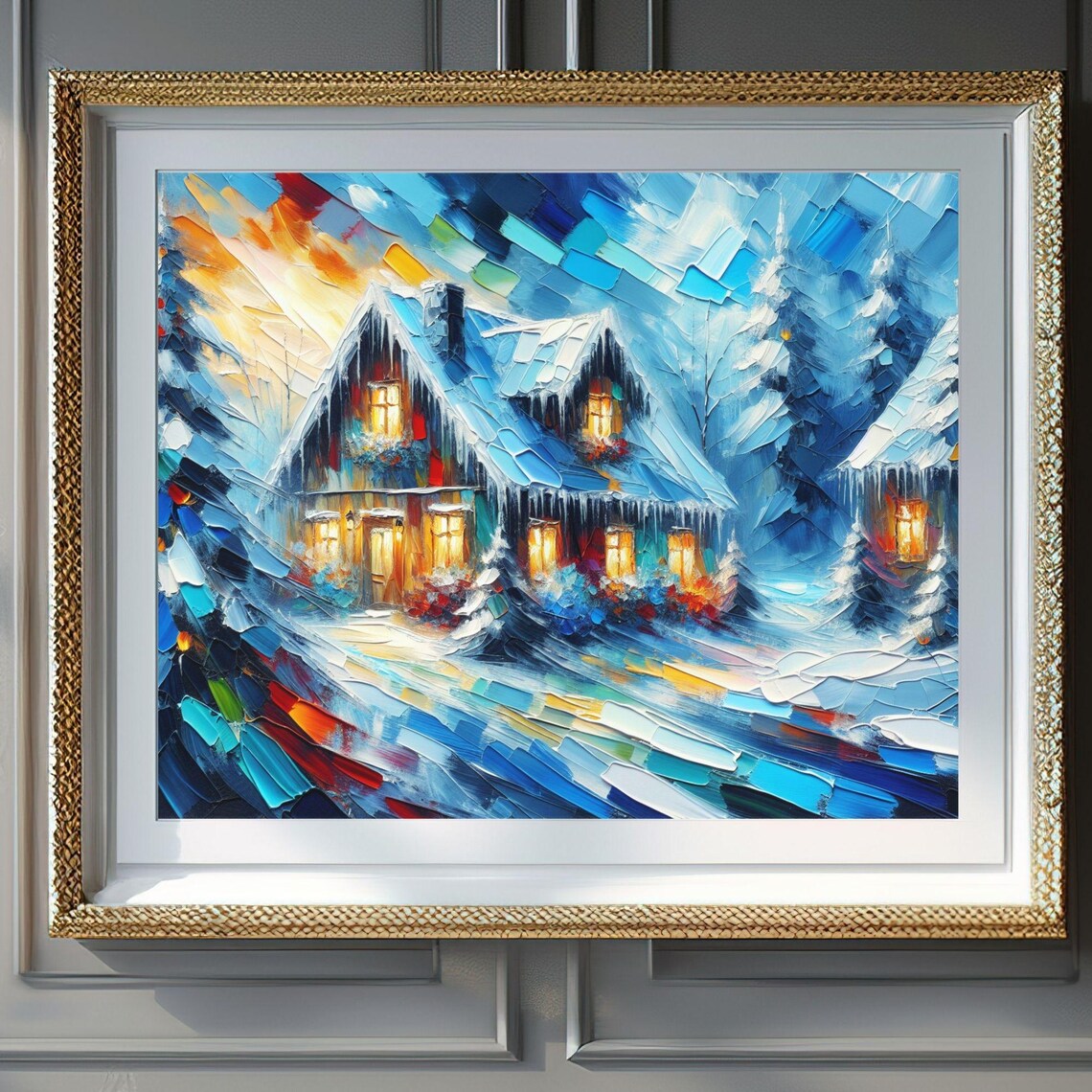 Snowy Blue Winter Cabin Warm Lights Palette Knife Holiday Poster