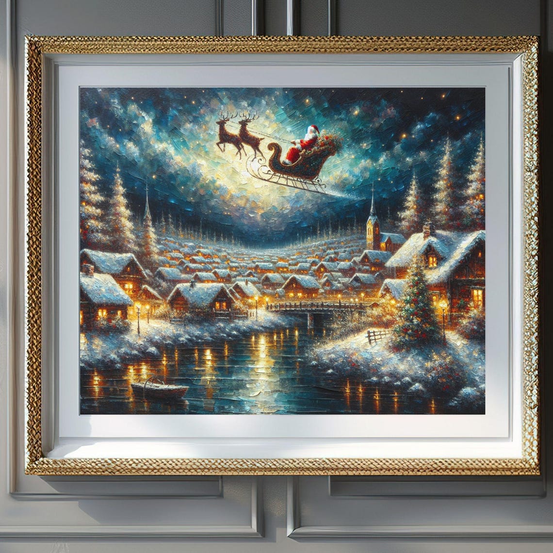Christmas Wall Art Wall Art Oil Painting Of Santa Flying Over Quiet Town Christmas Santa Art Holiday Home Decor