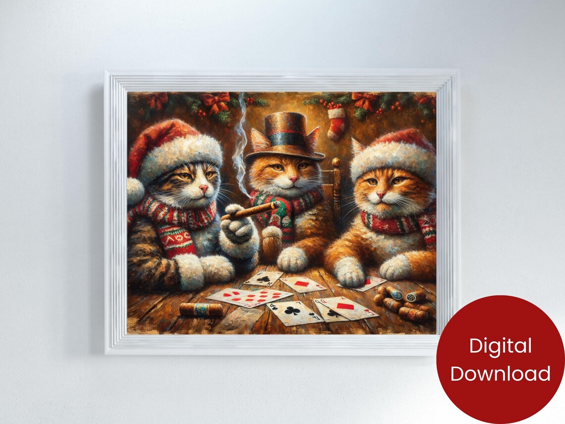 Cats Playing Cards In Santa Hats Rustic Christmas Poker Poster - Image 2