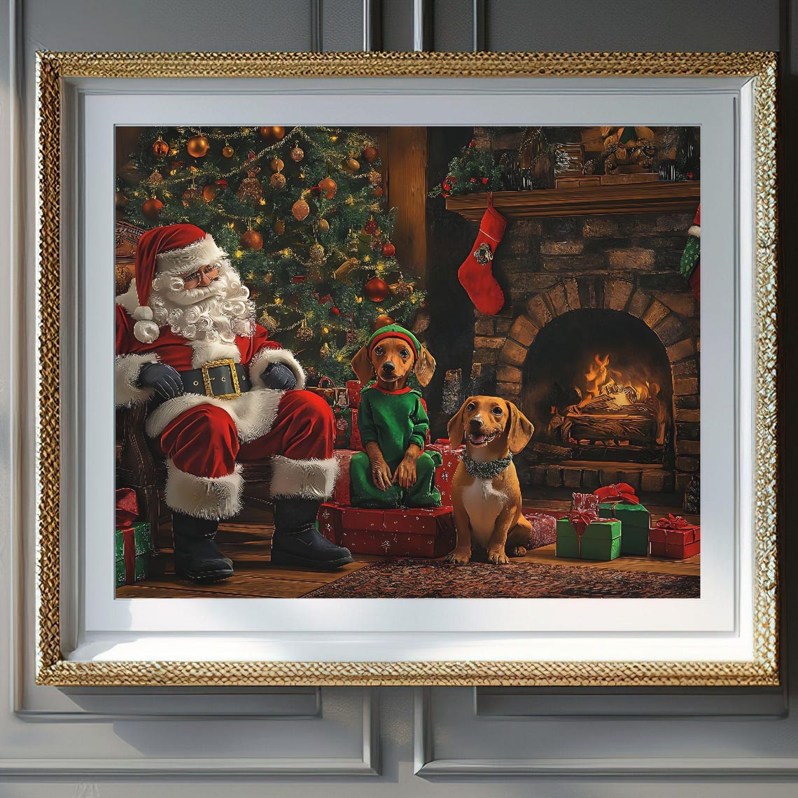 Santa Claus with Two Dachshunds by the Fireplace Christmas Poster