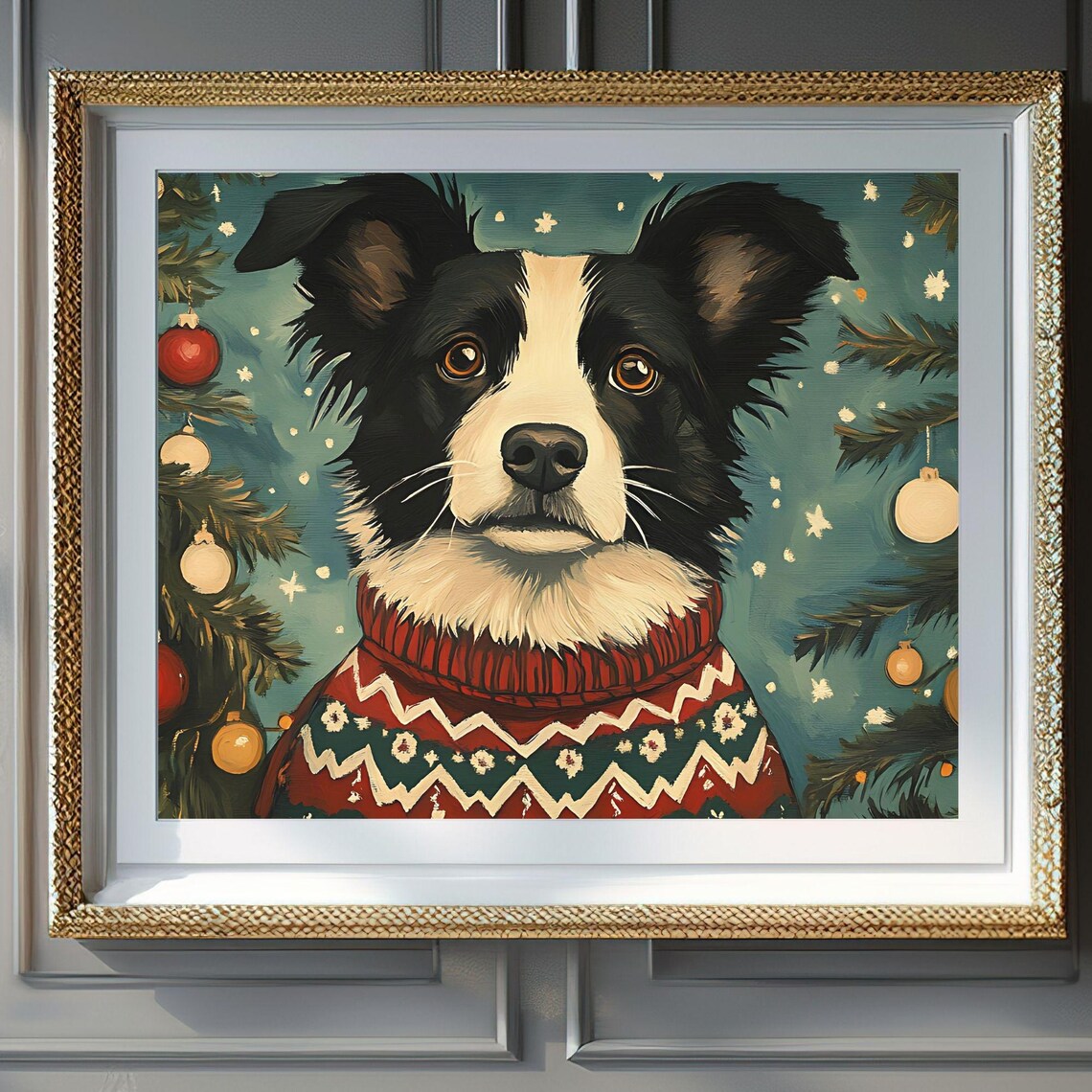 Border Collie Christmas Sweater Teal Night Vintage Holiday Poster