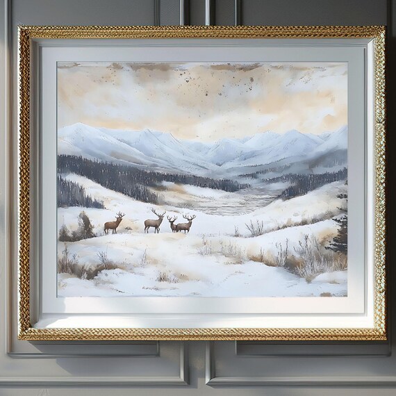 Deer Herd Crossing a Snow Covered Winter Mountain Valley Poster