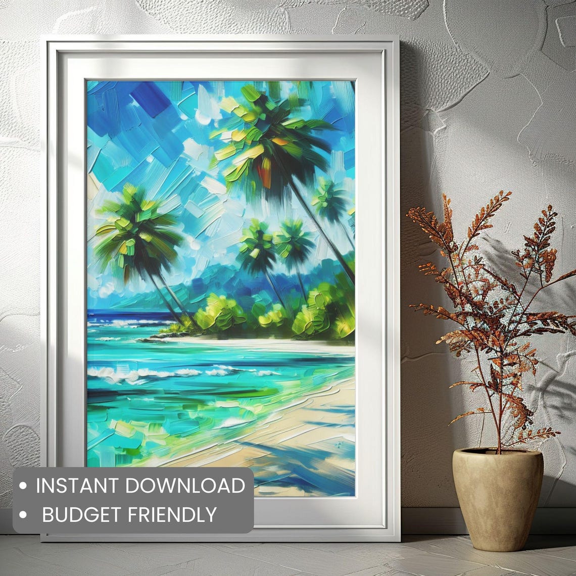 Serene Tropical Island Beach Palm Trees Turquoise Ocean Wall Art - Image 2