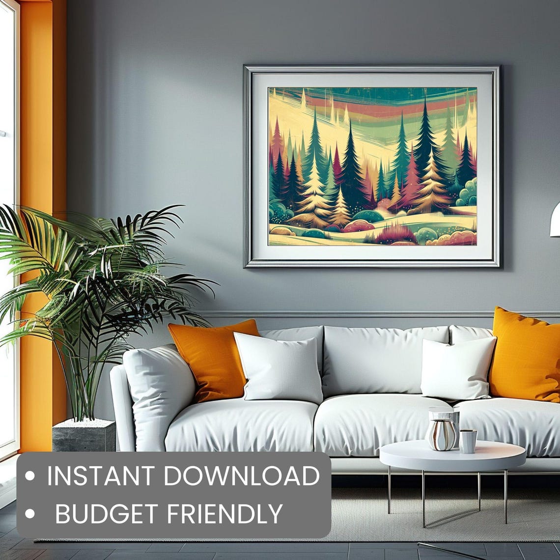 Abstract Retro Pine Trees Minimalist Forest Sunset Scene Wall Art - Image 2