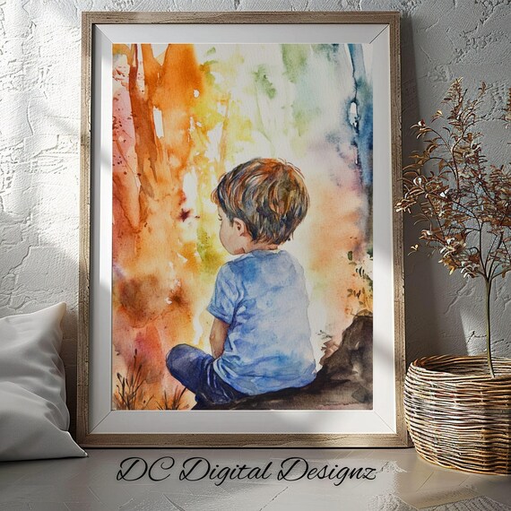 Little Boy Sitting in Thought Watercolor Child Portrait Poster