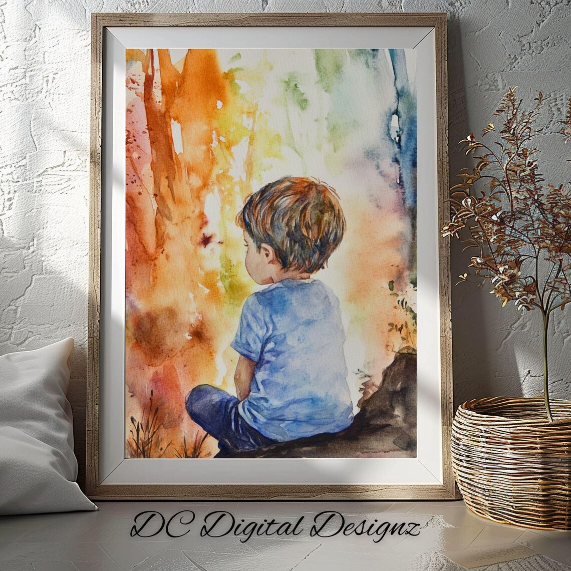 Little Boy Sitting in Thought Watercolor Child Portrait Poster